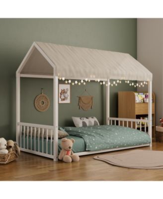 Twin Montessori Metal Floor Bed Frame, House Bed, Safety Rails, Easy Assemble, Black