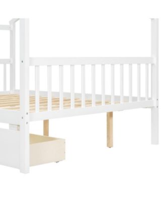 Full Size Wooden House Bed with Drawers, White