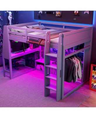 Streamdale Wood Gaming Loft Bed w/ Desk, Shelves, LED, Rack, Black