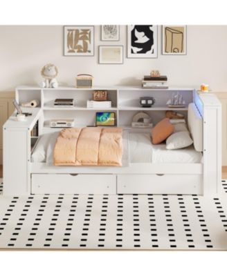 Twin Platform Bed w/ Storage, LED, Desk, Charging, Upholstered Headboard