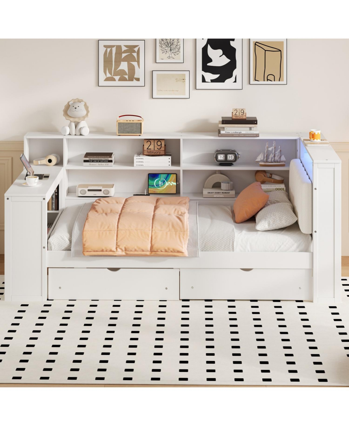 Streamdale Furniture Twin Platform Bed w/ Storage, Led, Desk, Charging, Upholstered Headboard