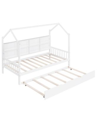 Wooden Twin House Bed with Trundle & Shelf