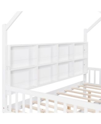  Wooden Full Size House Bed with Trundle & Shelf - White