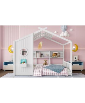 Floor House Bed Toddler Kids Montessori Bed w/ Shelf & Roof.