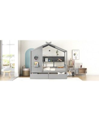 Wooden Full Size House Bed with Drawers & Shelf