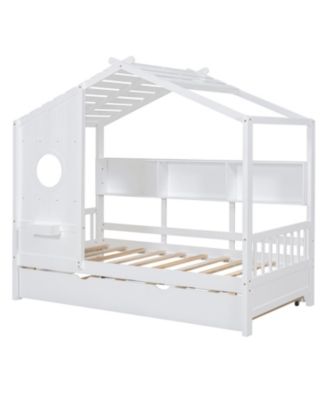 Wooden Twin House Bed with Trundle & Shelf - Gray