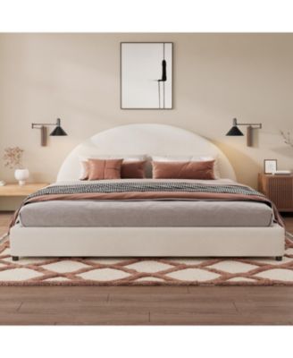 King Size Bed Frame With Boucle Upholstered Round Curved Headboard, White