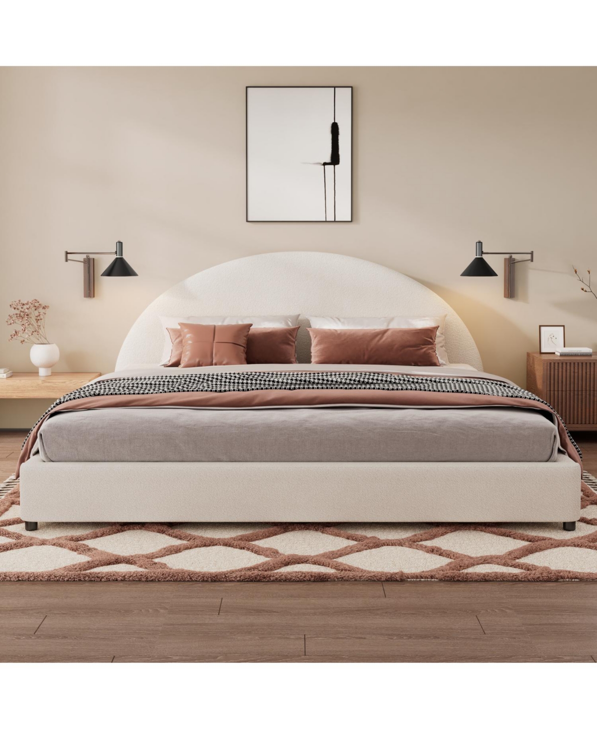 Streamdale Furniture King Size Bed Frame With Boucle Upholstered Round Curved Headboard, White