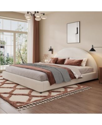 King Size Bed Frame With Boucle Upholstered Round Curved Headboard, White