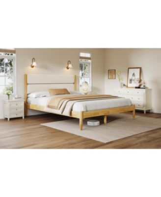 Streamdale Queen Size Solid Wood Bed Frame With Fleece Upholstered Headboard, Ivory