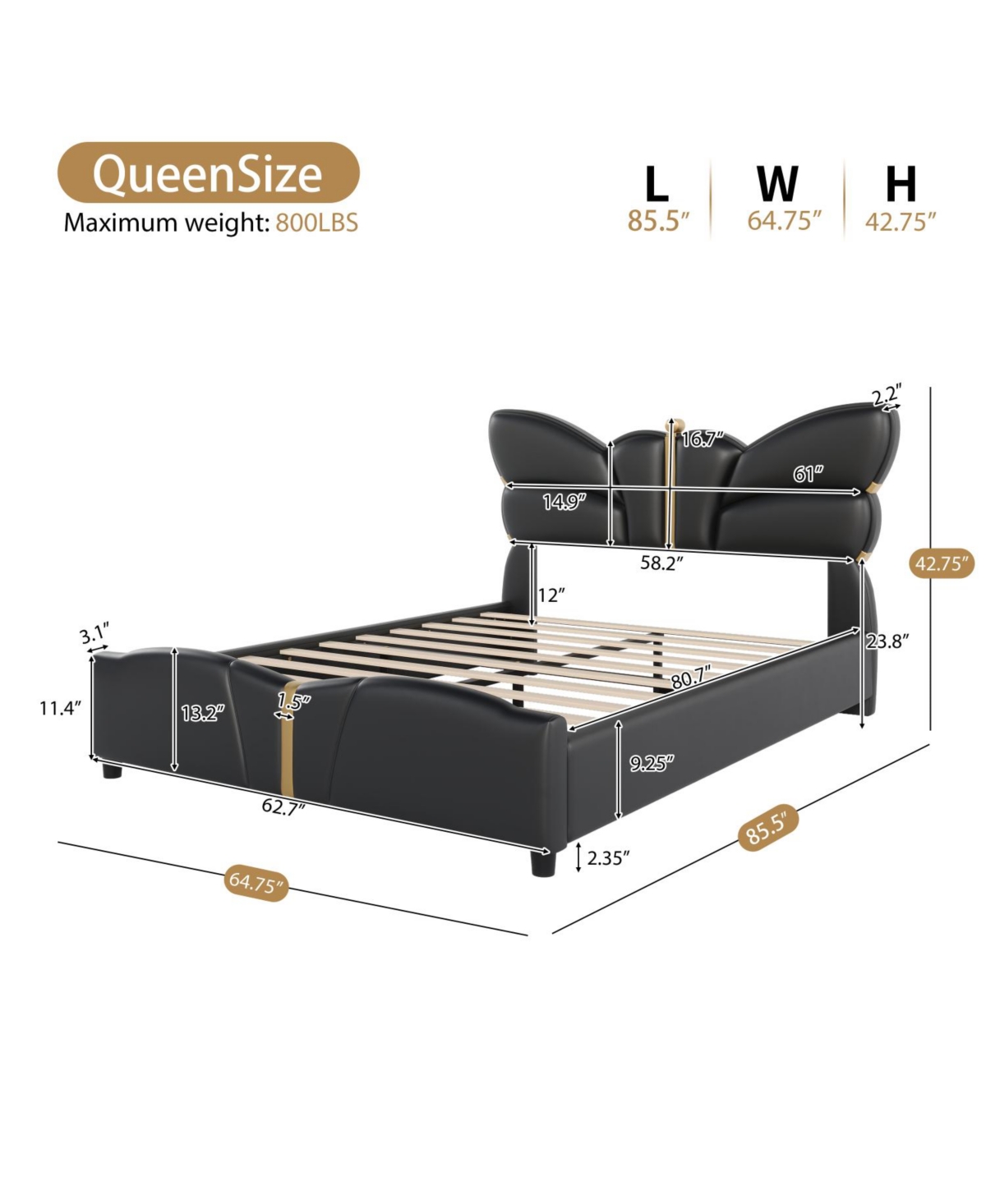Streamdale Furniture Queen Upholstered Bed Frame, Butterfly Headboard, Gold Accents