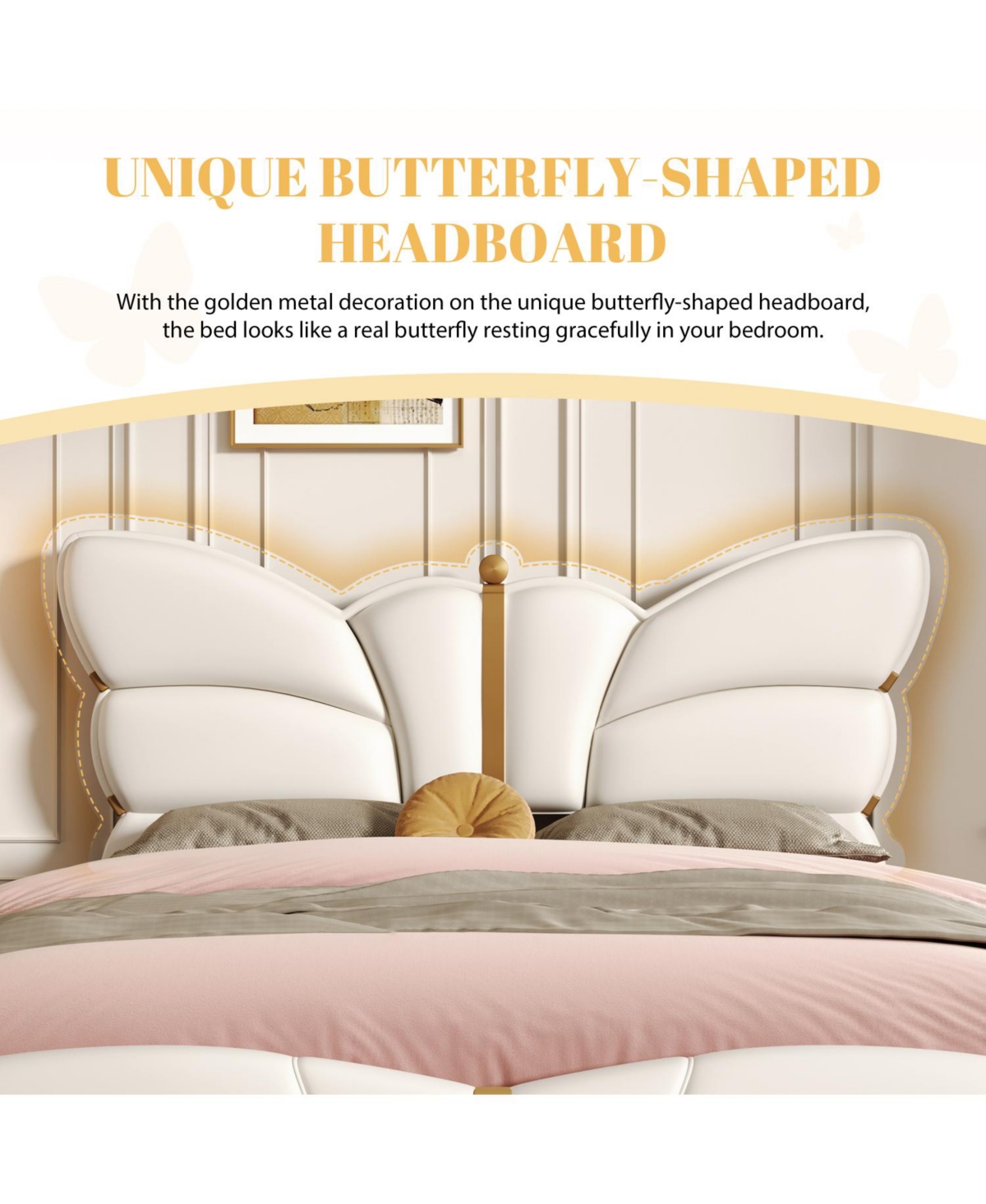 Streamdale Furniture Queen Upholstered Bed Frame, Butterfly Headboard, Gold Accents
