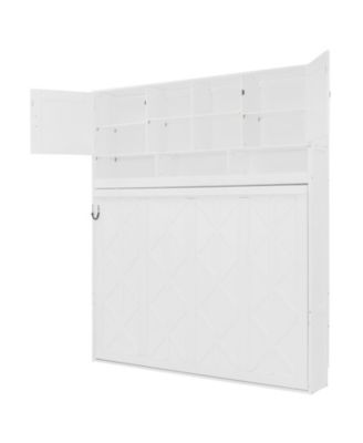  Queen Size Wall Murphy Bed with Ample Storage Space and Diamond Stripes, White