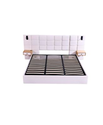 King Beige Velvet Storage Bed with Shelves, Lamps & USB