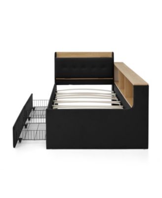 Twin Velvet Daybed- Storage Headboard, Wireless Charging, LED