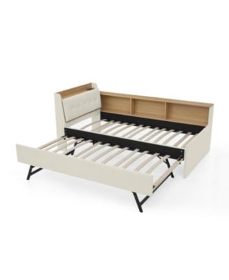 Twin Velvet Daybed with Storage, Trundle, & LED - Beige