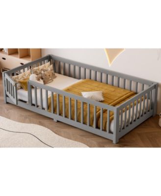 Twin Floor Bed with Guardrails & Door - Gray