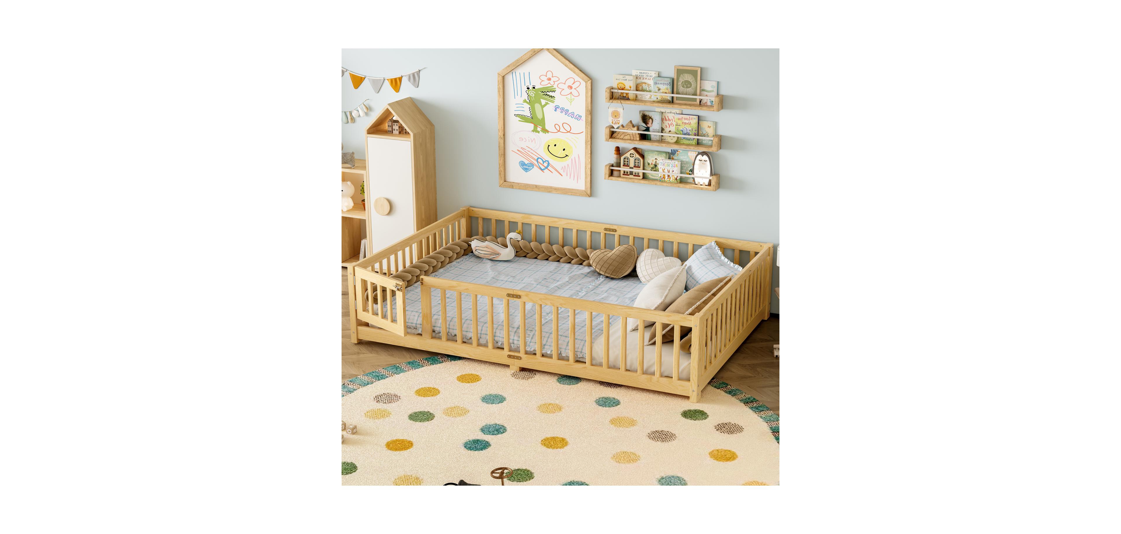 Streamdale Furniture Queen Floor Bed with Guardrails & Door - Natural
