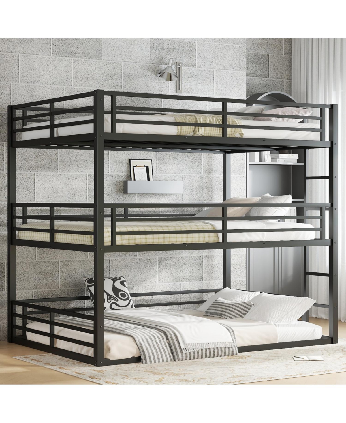 Streamdale Furniture Queen Triple Bunk Bed, Metal, Heavy-Duty, Black