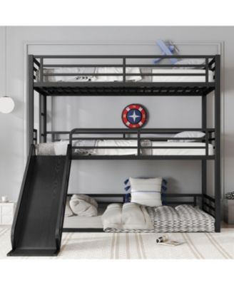  Triple Bunk Bed with Slide, Metal, Heavy-Duty, Black
