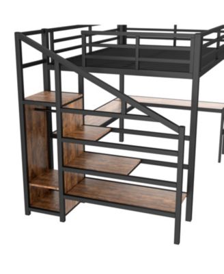 Queen Loft Bed with Desk, Wardrobe, Shelf & LED - Wood-grain