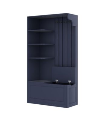 Blue Hall Tree Cabinet with Storage & Hooks