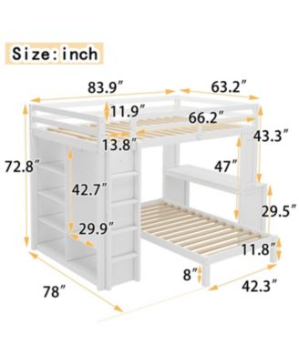 Queen over Twin Bunk Bed with Desk, Shelves & Wardrobe - White