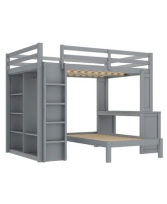 Queen over Twin Bunk Bed with Desk, Shelves & Wardrobe