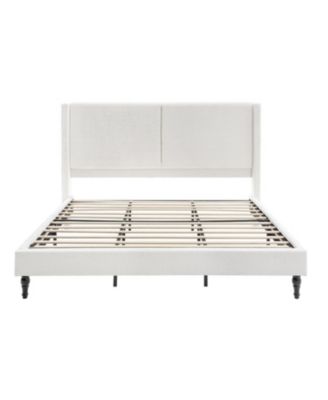 King Size Bed Frame, Boucle Upholstered Headboard, Wood Feet