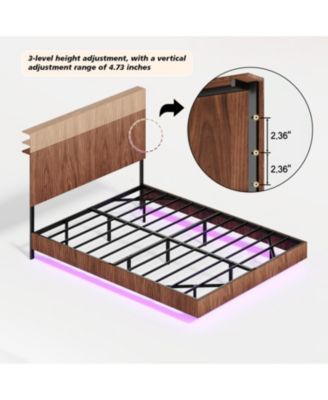 Streamdale Walnut Queen Bed with Charging, LED, Wavy Headboard - No Box Spring
