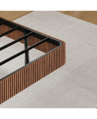  Walnut Queen Bed Frame with LED Lights, Wave Texture, Metal Slats