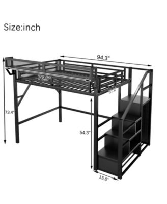 Full Size Metal Loft Bed with Stairs, Storage & Wardrobe - Black