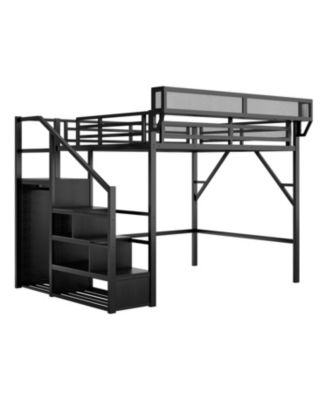 Streamdale Queen Loft Bed with Stairs, Metal Frame, Storage Shelves & Wardrobe
