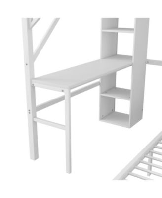  Full/Twin Metal Bunk Bed w/ Desk, Bookshelves, LED, Charge - White