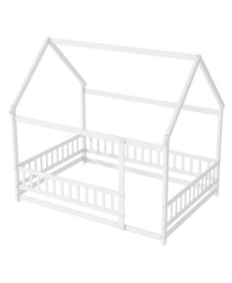 Full Size House Floor Wooden Bed with Roof Frame, Safety Guardrails