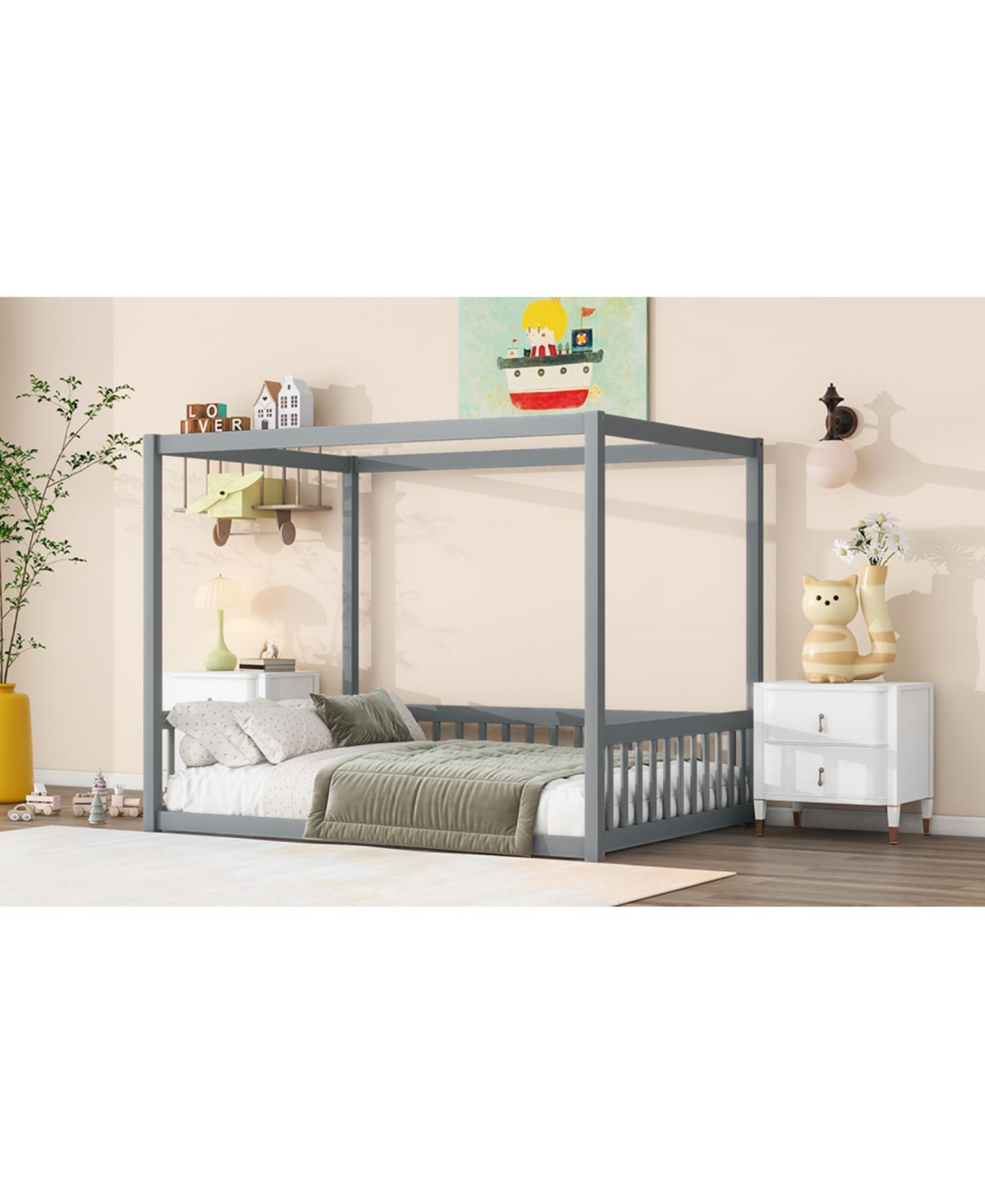Streamdale Furniture Full Size Canopy Frame Rubber Wood Floor Bed with Fence,Guardrails