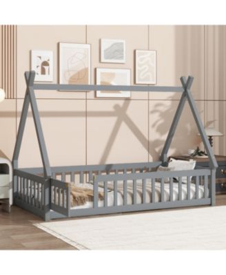 Twin Tent-shaped Floor Bed,Teepee Bed with Guardrails,Slats and Door