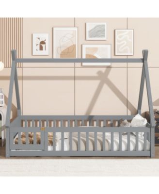 Twin Tent-shaped Floor Bed,Teepee Bed with Guardrails,Slats and Door