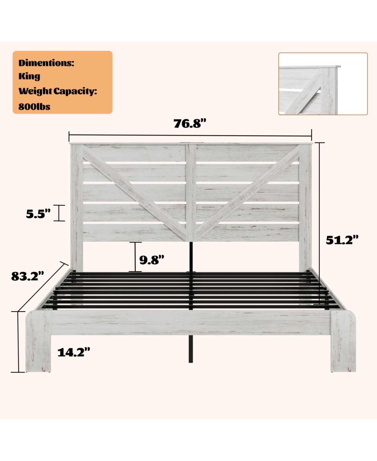 Streamdale Furniture King White Wood Platform Bed Frame, Noise Free, Easy Assembly, Under Bed Storage