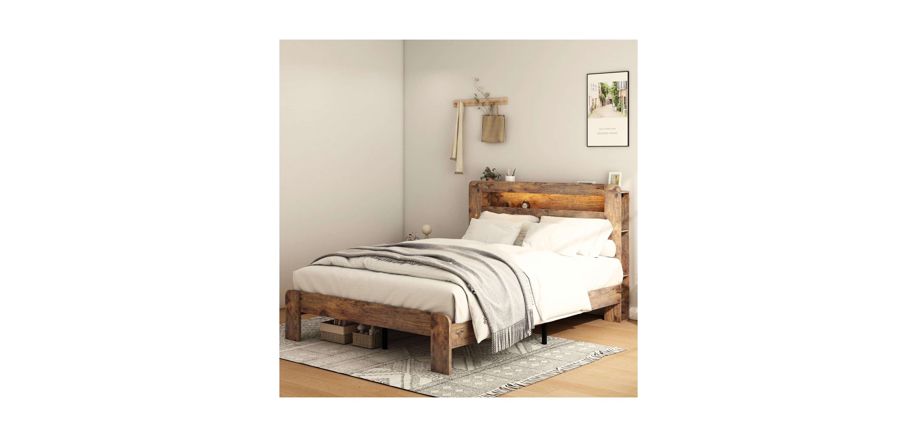 Streamdale Furniture King Wood Led Headboard Usb Storage Bed Frame