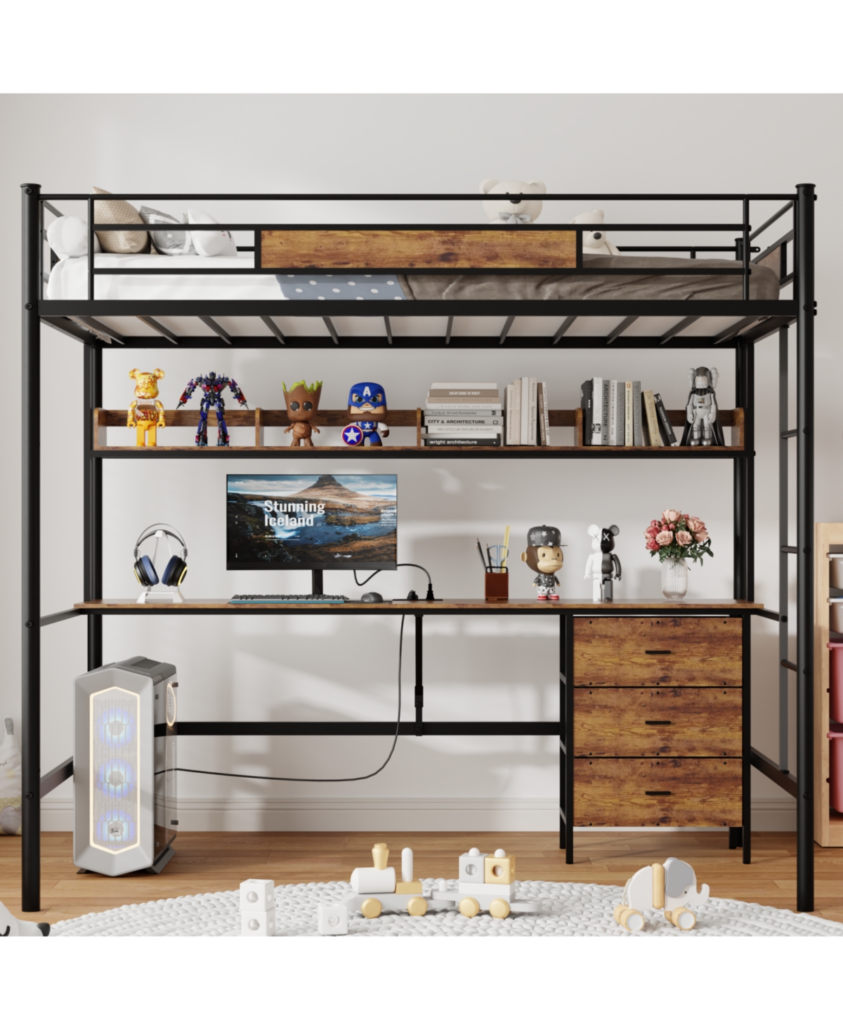 Streamdale Furniture Loft Bed Twin with L-Desk, Charging Station, Drawers & Shelves - Brown