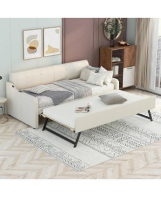 Twin Upholstered Daybed with Trundle & USB, Beige