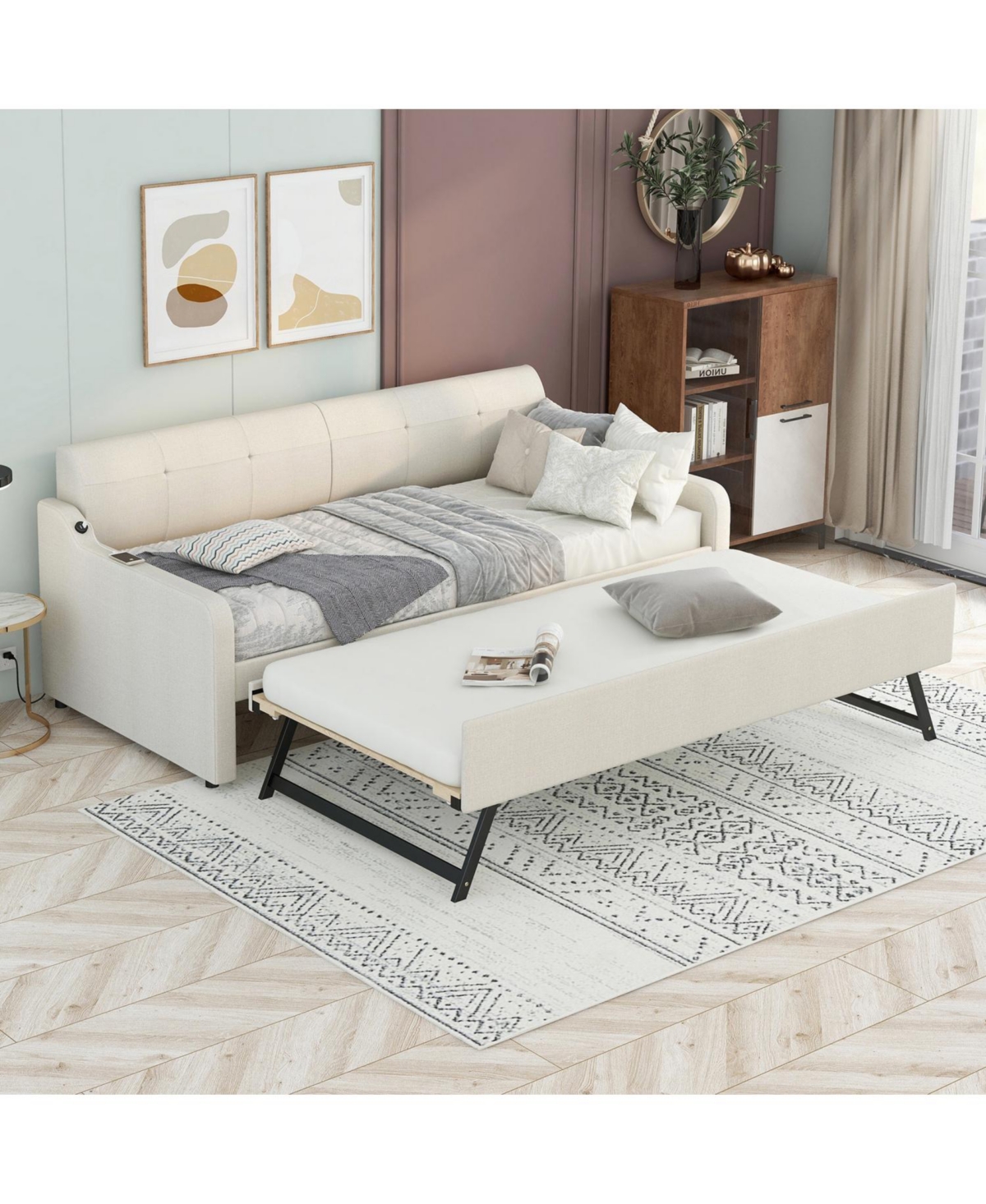 Streamdale Furniture Twin Upholstered Daybed with Trundle & Usb, Beige
