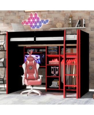 Full Size Wood Loft Bed with Desk Wardrobe Storage & RGB Lights Red