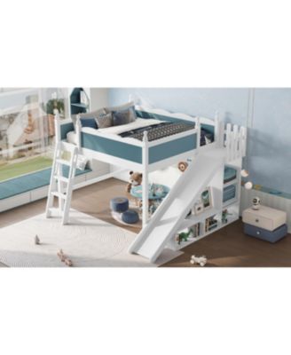 Queen Loft Bed with Storage Shelves, Cabinet, Slide & Ladder (Blue/White)