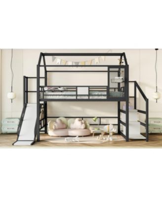  Full House Loft Bed with Slide, Stairs, Storage, Black