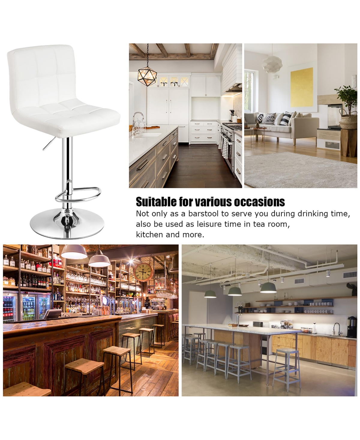Costway Adjustable Armless Bar Stool Full Back Swivel Kitchen Counter Bar Chair Pu Leather
