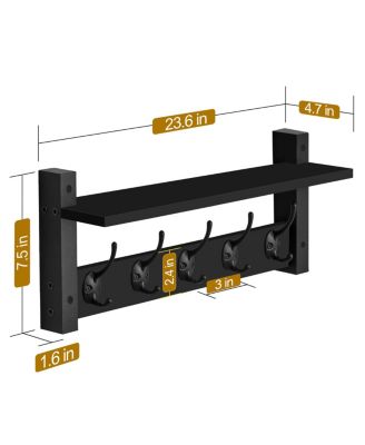24 Inch Floating Wall Shelf with 5 Heavy Duty Hooks