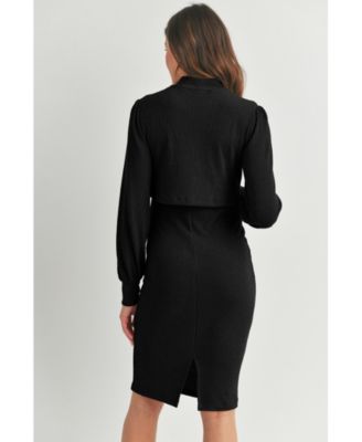 Maternity Double Layer Mock Neck Ribbed Nursing Dress