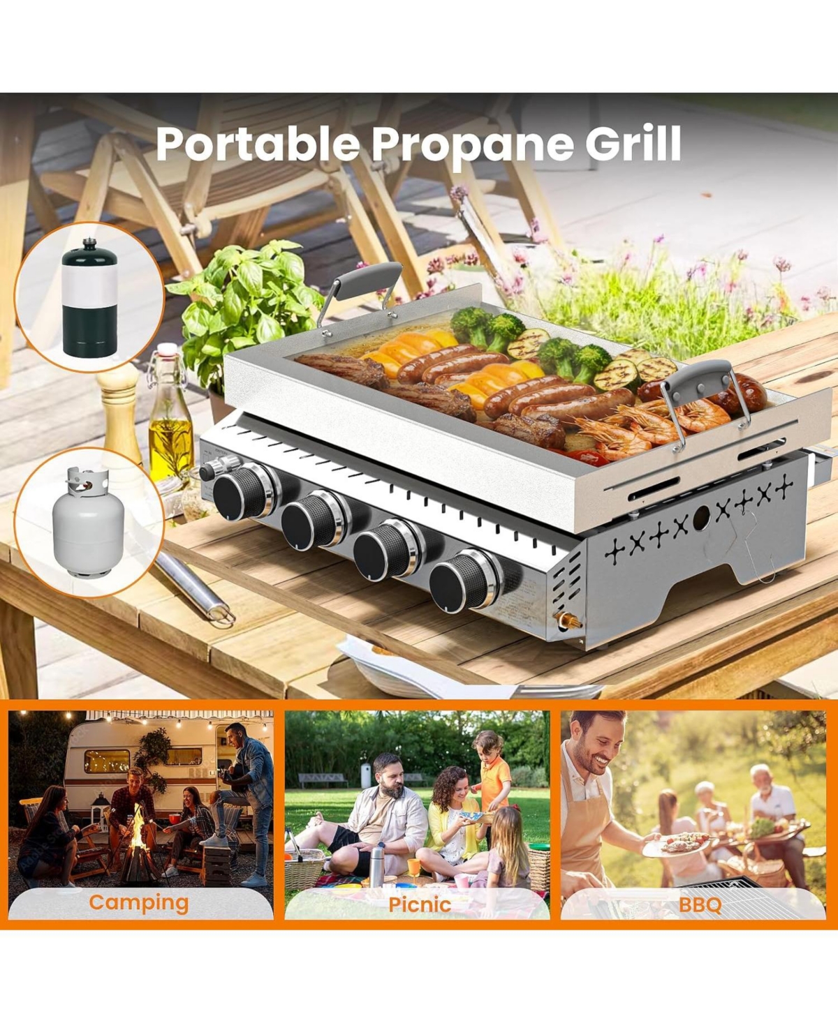 Cowsar Portable Propane Griddle, 32,000BTU Tabletop Portable Propane Gas Grill with 4 Burners, Stainless Steel Flat Top Grill, Outdoor Cooking